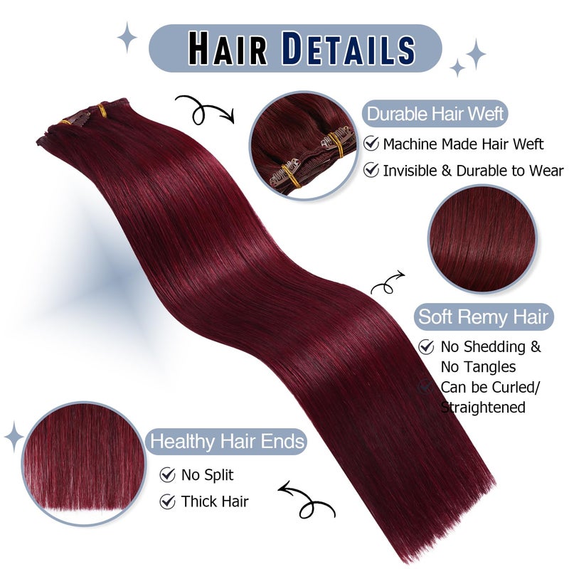 Sunya Clip in Hair Extensions Real Human Hair 7 Pcs Human Hair Clip in Extensions 14 Inch Straight Double Weft Remy Human Hair Extensions Clip ins for Women #99J Burgundy 70G - Image 3